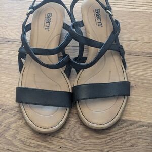 Born Black Leather Strappy Cork Wedge Sandals Women’s Size 8 Comfort Shoes